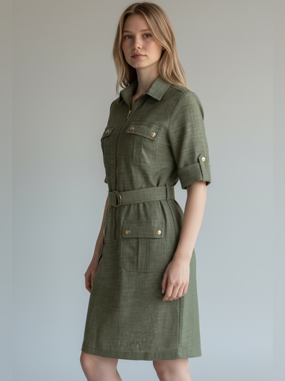 Sharagano Structured Sage Belted Shirt Dress Gold Embellishments Size 6
